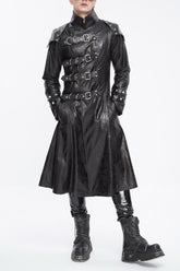 Manteau Punk Long en Faux Cuir Noir pour Homme avec Col Montant et Multi Boucles